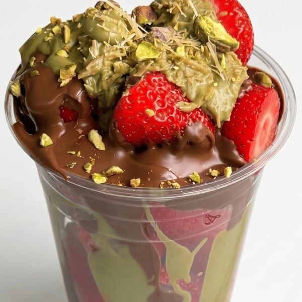 Strawberries covered in chocolate and pistachio sauce, topped with chopped pistachios, in a clear cup.
