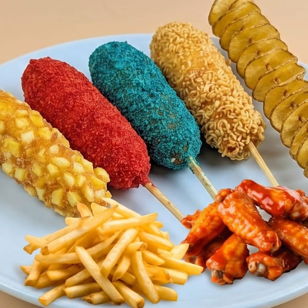 A plate of colorful Korean corn dogs, spiral potato, french fries, and buffalo wings.