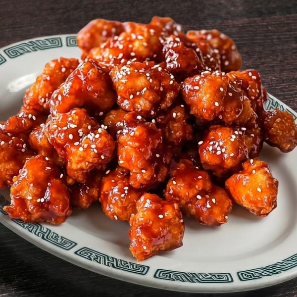 A white plate with a green border holds a large serving of sesame chicken.