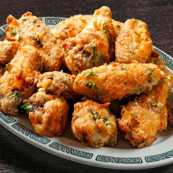 A white oval platter with a green geometric border, piled high with golden-brown fried chicken wings.