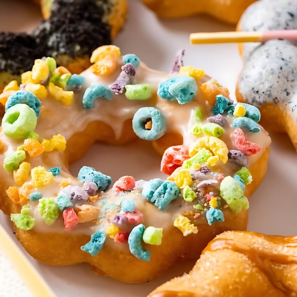 Close-up of a donut with white icing and colorful cereal sprinkles, surrounded by other donuts.