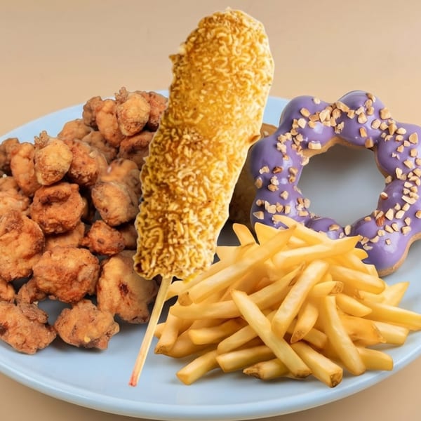 A blue plate with fried chicken bites, a ramen-crusted corn dog, french fries, and a purple mochi donut.